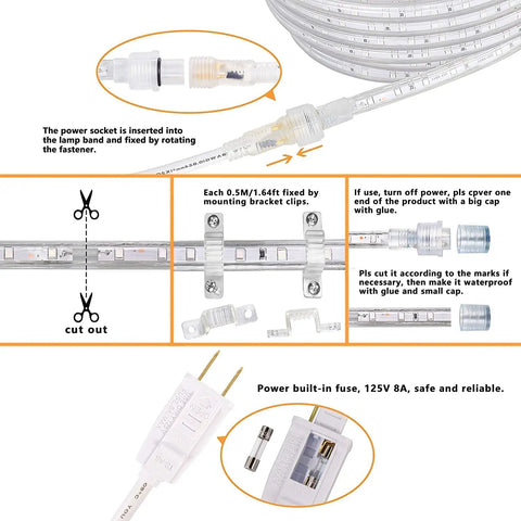 Close-up view of connectors and cutting instructions for 50Ft Black Light Rope Lights Kit 110V Waterproof Flexible Cuttable Connectable LED Strip.