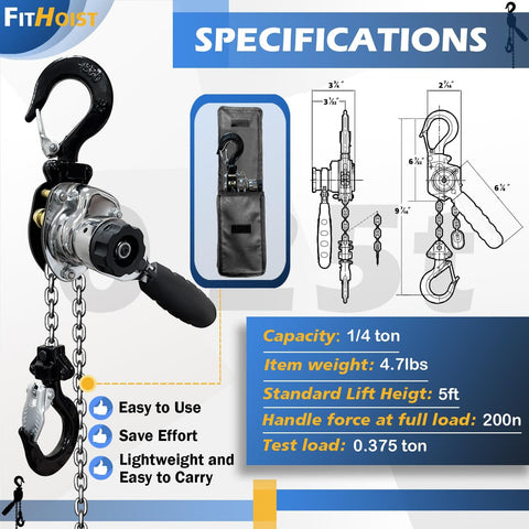 Chrome Plated Mini Chain Hoist, 550 Lbs Capacity, One Quarter Ton, 5 Ft Lift, Manual Lever Chain Hoist specifications