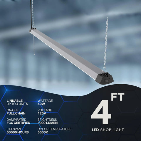 4Ft 40W Wraparound LED Shop Light Fixture With Pull Chain Daylight White 5000K hanging in a workshop setting.