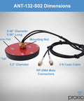 Slick Ultra Low Profile Indoor Outdoor Omni Directional MIMO WiFi Antenna Triple Band 2.4 5.8 6 GHz with coax cable and mounting details