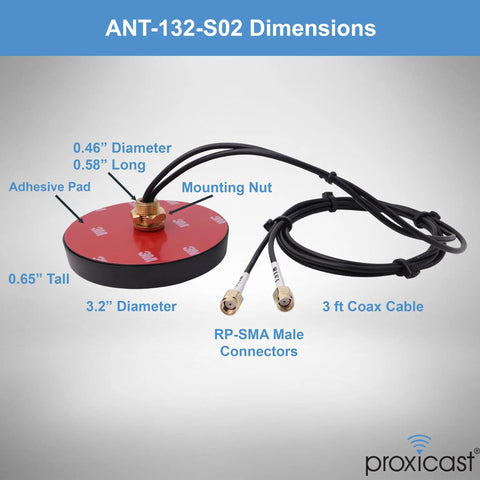 Slick Ultra Low Profile Indoor Outdoor Omni Directional MIMO WiFi Antenna Triple Band 2.4 5.8 6 GHz with coax cable and mounting details