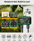 Two Zone Sprinkler Timer with Brass Inlet, LCD screen, rotary knob, and dual outlets for gardens and lawns.