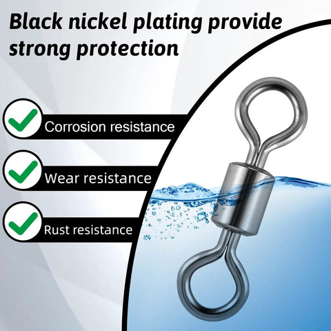 100 Pcs Micro Swivels for Fly Fishing Stainless Steel Small Rolling Barrel Swivels High Strength Hook Line Connector Tackle Gear with Black Coating Pro Grade Fishing Accessories, black nickel plated micro swivel