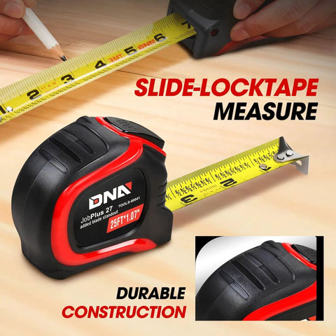 Person measuring wood with slide-lock tape measure, highlighting durable construction and features.