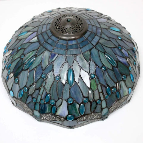Tiffany Style Sea Blue Stained Glass Dragonfly Pendant Light, 16 Inch Wide, antique bronze detail, stained glass shade close-up
