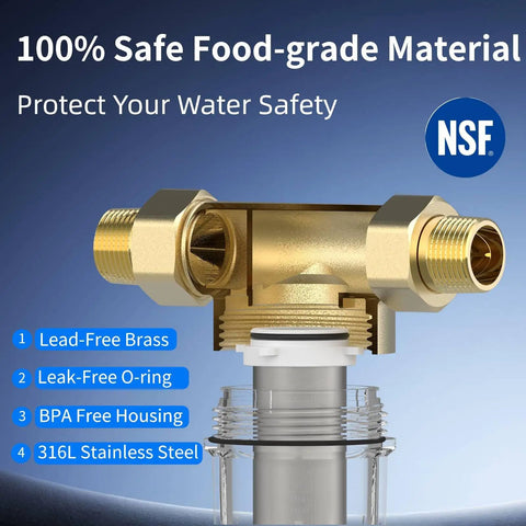 Close-up of 40 Micron Spin Down Sediment Filter And Reusable Water Filter with brass fittings and NSF safety certification, 25 GPM 1 Inch MNPT.