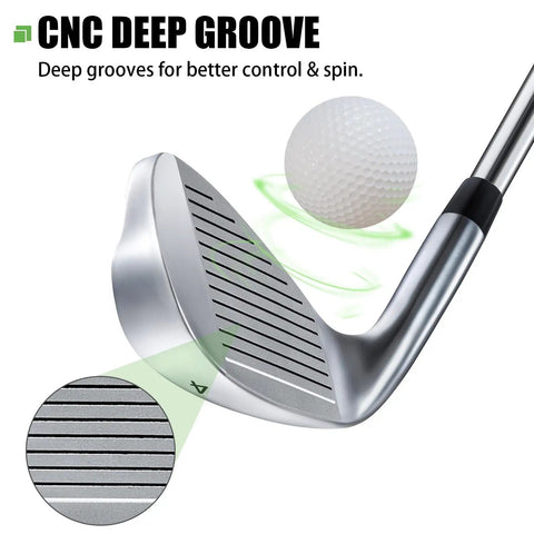 Close-up of Golf Iron Set 1 Through 9 With Steel Shafts For Right Handed Golfers; stainless steel; black silver finish; CNC grooves.