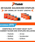 Workhorse Half Inch Galvanized Staples Three Eighths Crown Twenty Gauge Construction Ammo Five Thousand Piece Box displayed in various sizes.