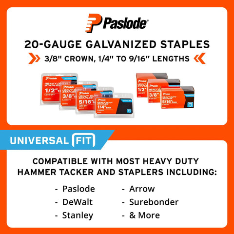 Workhorse Half Inch Galvanized Staples Three Eighths Crown Twenty Gauge Construction Ammo Five Thousand Piece Box displayed in various sizes.