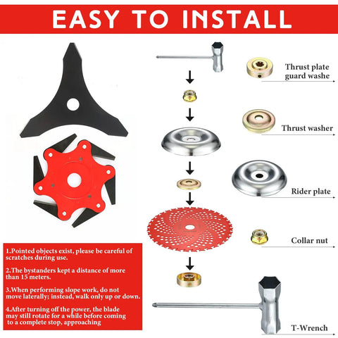 Assembly guide for Six Steel Teeth Razor Trimmer Heads And Three Teeth Brush Cutter Blades Set with thrust plates and T-wrench