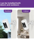 2 Pack No Drill Camera Wall Mount Bracket For Ring And Wyze Security Cameras displayed indoors and outdoors, showcasing adjustable installation.