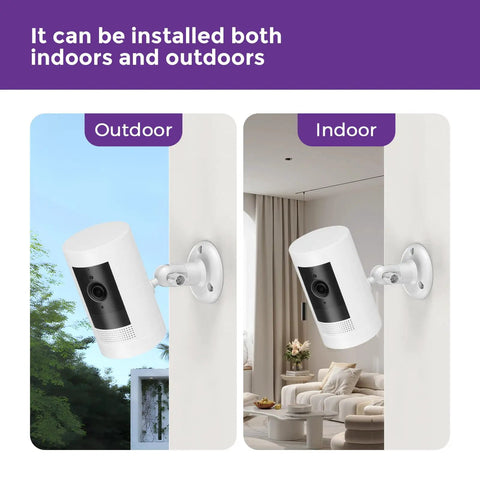 2 Pack No Drill Camera Wall Mount Bracket For Ring And Wyze Security Cameras displayed indoors and outdoors, showcasing adjustable installation.