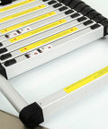 Close-up of the locking mechanism on the 12.5 Ft Telescoping Aluminum Ladder With 330 Lb Capacity Go To Extendable Multi Purpose Retractable Ladder For Home RV And Loft Use Compact And Lightweight Silver