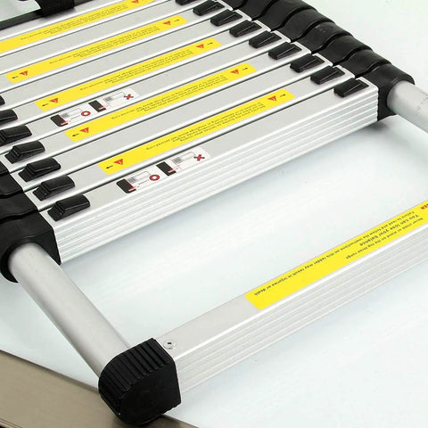 Close-up of the locking mechanism on the 12.5 Ft Telescoping Aluminum Ladder With 330 Lb Capacity Go To Extendable Multi Purpose Retractable Ladder For Home RV And Loft Use Compact And Lightweight Silver