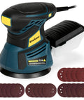 Slick Five Inch Orbital Sander With Six Speed Controls And Killer Dust Collection For Dead Simple Wood And Metal Refinishing At Thirteen Thousand Rpm With Twenty Grit Abrasive Discs Ready To Go with sanding pads.