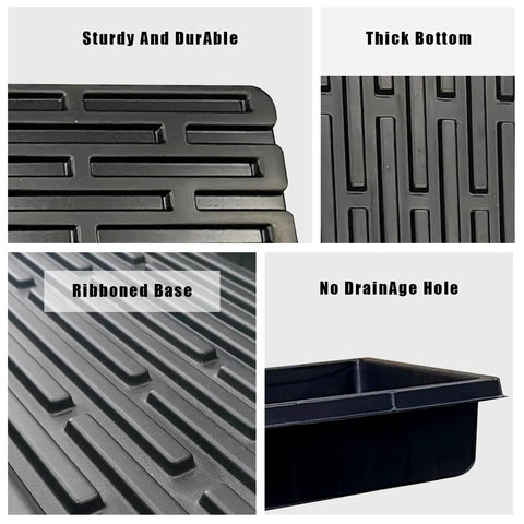 Collage of 10 Pack 1020 Seed Tray Set With Extra Thick Heavy Duty No Holes, showing thick bottom, ribboned base, and sturdy sides.