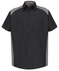 Top Shelf Mens Motorsport Button Down Shirt Short Sleeve Silver And Black with dual hex pockets and moisture-wicking fabric.