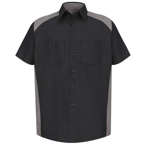 Top Shelf Mens Motorsport Button Down Shirt Short Sleeve Silver And Black with dual hex pockets and moisture-wicking fabric.