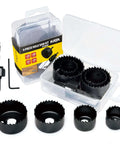 KATA 6-piece hole saw kit in case with mandrels and hex key, sizes 32–54mm (1-1/4"–2-1/8"), for soft wood and PVC