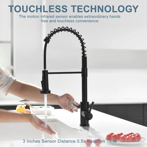 Glossy Black Touchless Kitchen Faucet With Pull Down Sprayer, Single Handle, Wave To Activate Sensor in use