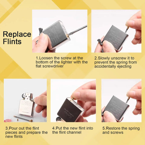 Universal Lighter Repair Kit Stuffed With Top Shelf Flint Stones Fresh Cotton Wicks And Heavy Duty Striker Wheels For Rock Solid Fire Sparks On The Go showing step-by-step flint replacement process.