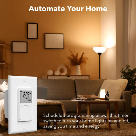 7 Day Programmable In Wall Timer Switch For Lights And Fans Digital Light Timer for indoor use in living room setting.