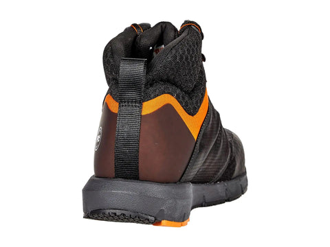 Back view of Radius Mid Composite Safety Toe Industrial Athletic Work Shoe For Men with breathable mesh and orange accents, Size 15W.