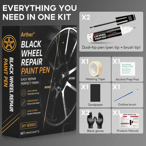 Straight From The Shop Matte Black Rim Repair Kit For Fixing Alloy Wheel Curb Rash With Two Scratch Resistant Touch Up Paint Pens And Gnarly Tool Set For Daily Rides, includes paint pens and tools.
