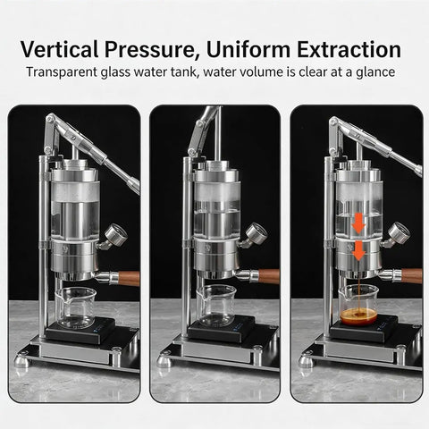Portable Espresso Maker With Wooden Handle Hand Pressed Coffee Press For Travel making espresso with vertical pressure extraction.