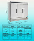 Pro Level Three Door Reach In Refrigerator 72 Cubic Feet Stainless Steel Commercial Kitchen front view with dimensions and specifications.
