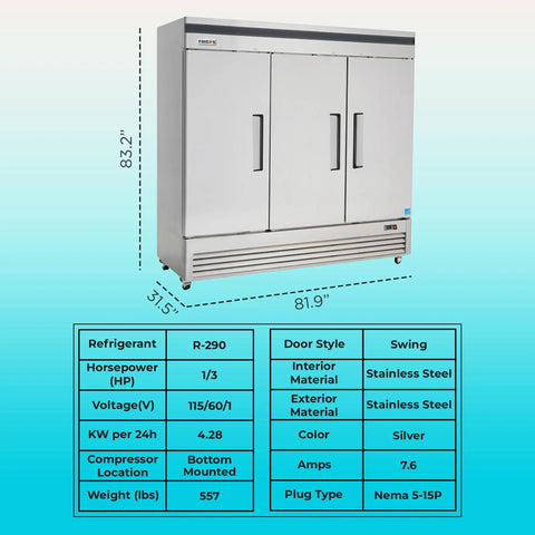 Pro Level Three Door Reach In Refrigerator 72 Cubic Feet Stainless Steel Commercial Kitchen front view with dimensions and specifications.