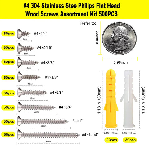 Badass 304 Stainless Steel Wood Screws Assortment Kit with Flat Head Phillips Screws showing various sizes and quantities for DIY projects.