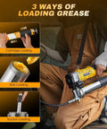 Cordless Electric Grease Gun Kit With Two Batteries, 10,000 PSI High-Pressure Lubrication, showing loading methods