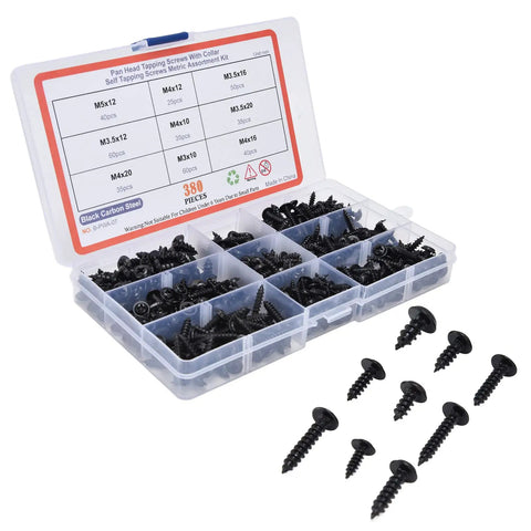 380 Pieces Self Tapping Screws Kit Black Carbon Steel Round Head Self Drilling Screws With Washers in plastic case