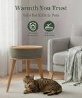Fast 1500W PTC Ceramic Space Heater With Side Table Design displayed beside a cat and sofa in a cozy living room setting.