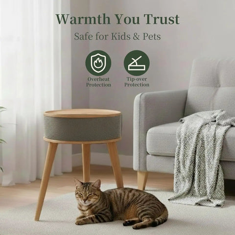 Fast 1500W PTC Ceramic Space Heater With Side Table Design displayed beside a cat and sofa in a cozy living room setting.