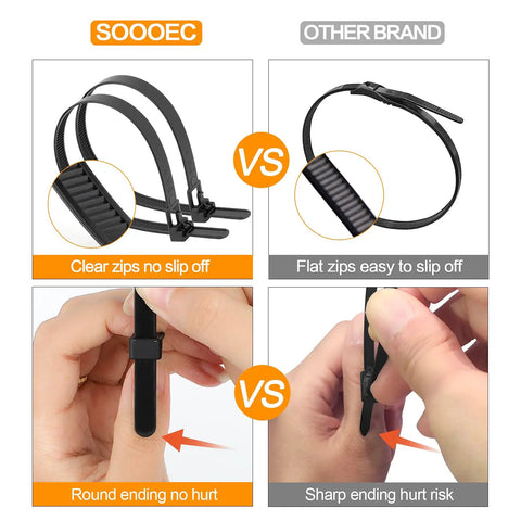 Comparison of 200 Pack Reusable Zip Ties With Assorted Sizes 6 8 10 12 Inches UV Resistant Black Heavy Duty Outdoor vs other brand.