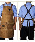 Front and back view of Heavy Duty Waxed Canvas Apron For Woodworking With Pockets And Cross Back Straps, Adjustable From Small To XXL.