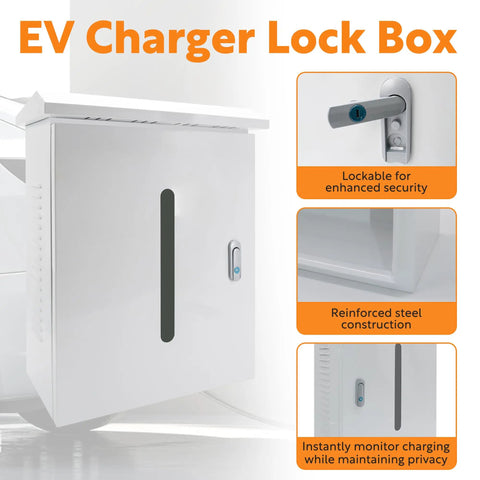 Slick Outdoor Electric Vehicle Charger Cover With Viewing Window For Tesla And Universal Wall Box showing lockable steel design.