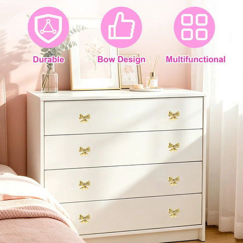 White dresser with 8 Pack Gold Bow Dresser Knobs Set For Cabinets And Drawers, Metal Decorative Handles, Vintage Style