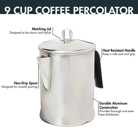 Aluminum Stovetop Percolator Coffee Maker Delivers Rich Flavor In Minutes 9 Cup Durable Silver Finish with labeled features