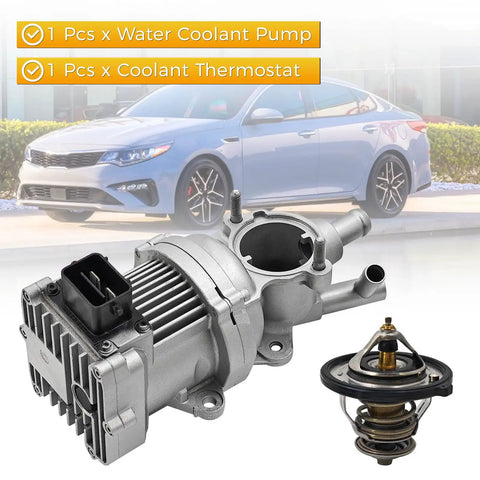 Road Ready Performance Water Coolant Pump And Thermostat Kit Compatible With Hyundai Sonata Hybrid Two Liter Engines 2016 To 2020 Kia Optima with pump and thermostat visible.