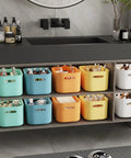 10 Pack Colorful Plastic Storage Bins With Handles For Shelves Or Cabinets Durable Organizer Boxes in a bathroom setting