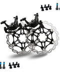 Hardcore Mechanical Mountain Bike Disc Brake Caliper Kit Paired With 160Mm Steel Rotors And Wear Resistant Resin Pads complete set showing calipers and rotors.