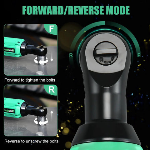 Forward and reverse mode on 20V Cordless Ratchet Wrench Kit With Three Eighths Inch Drive Beefy 45 Ft Lb Torque 400 RPM LED Work Light.