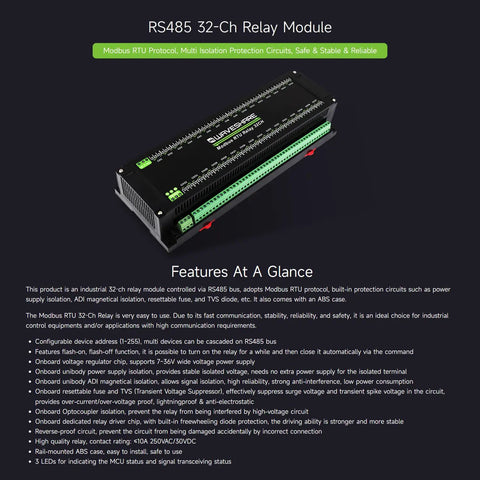 32 Channel Modbus RTU Relay Module With RS485 Interface shown with isolation protection circuits, industrial rail mount case
