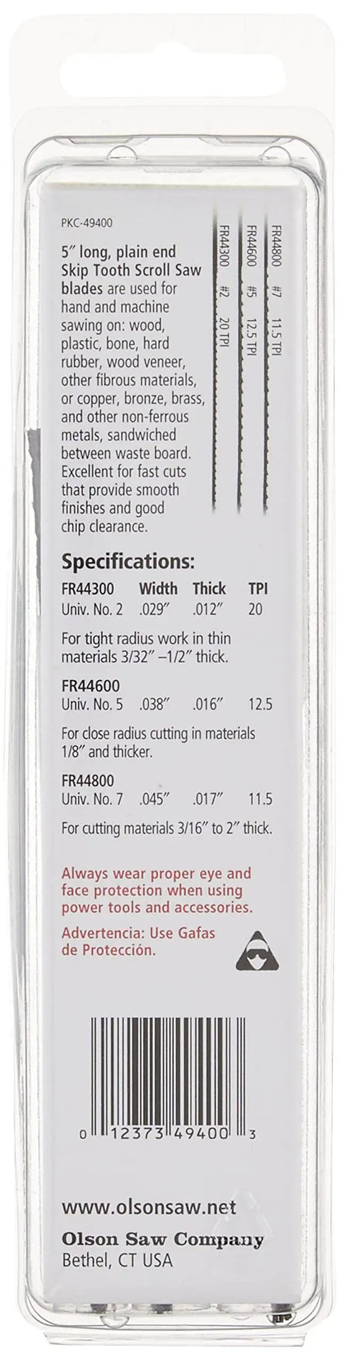 Back of Skip Tooth Scroll Saw Blade Assortment packaging showing specifications and barcode, 36 Piece Pack