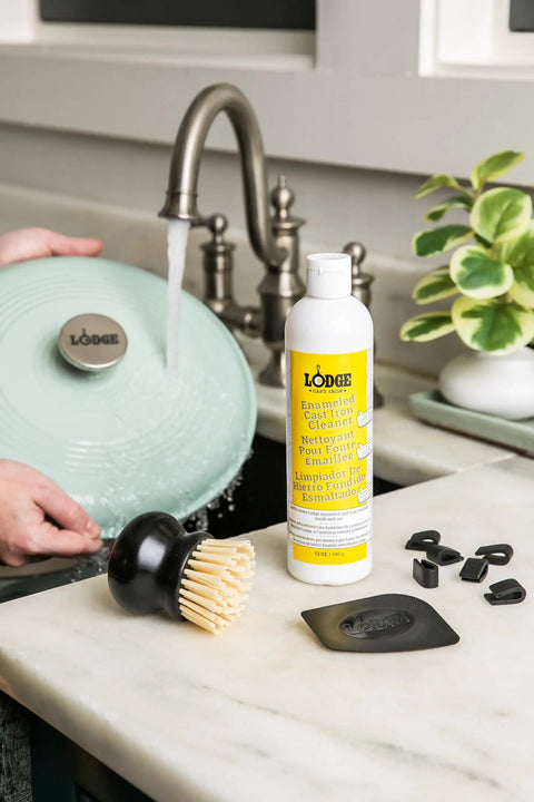 Enamel Enameled Cast Iron And Ceramic Stoneware Care Kit With 11oz Cleaner, Black Pan Scraper, Scrub Brush, Pot Protectors, Use And Care Booklet, 5 Piece Set For Easy Cookware Maintenance, 11oz cleaner and brush by sink