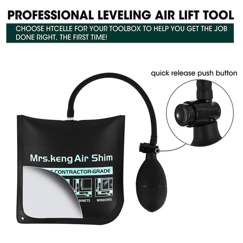 Air Wedge Bag Kit Three Size Set With 500 Lb Rating, inflatable leveling tool with pump and release valve visible