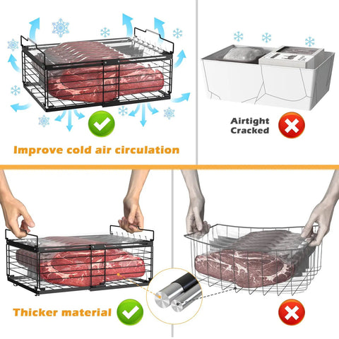 Four Large Expandable Freezer Bins With Easy Grab Handles, Stackable Chest Freezer Organizers showing cold air circulation improvement